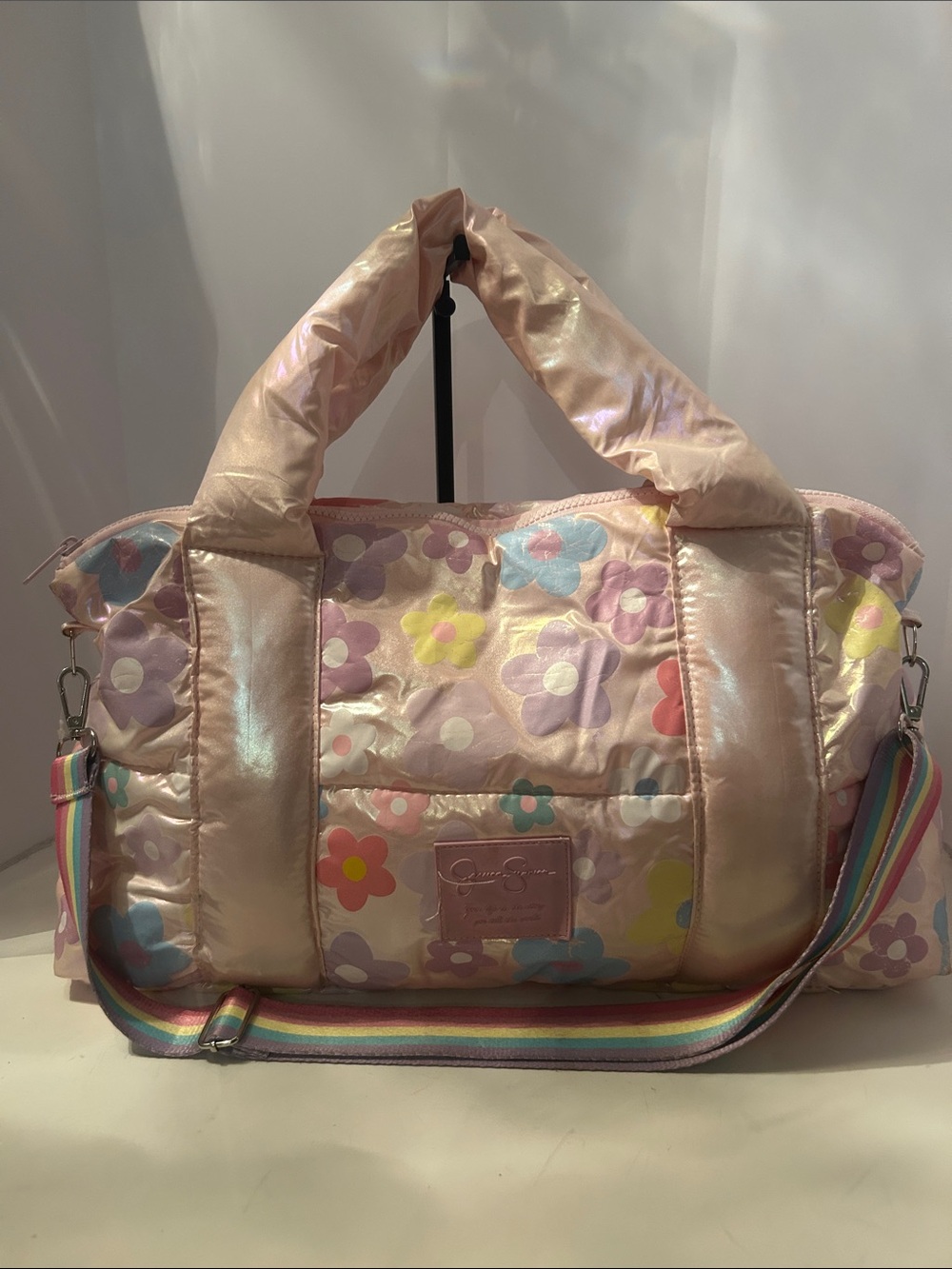 Jessica Simpson Pink Iridescent Quilted Floral Duffel